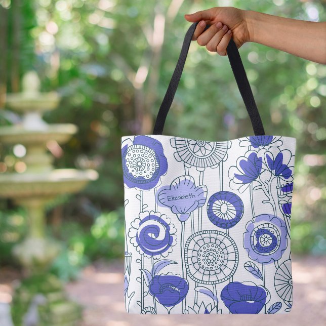 Bolsa Tote Nome personalizado fofo Arte floral abstrata em az (Cute Custom Name Abstract Floral Artsy Custom Name Periwinkle Blue Purple Tote Bag
)