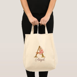 Bolsa Tote Nome Personalizado Folha de Ouro Blush Rosas Rosa