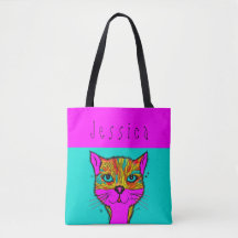 Nome Personalizado Funky Colorful Cat Purple Teal