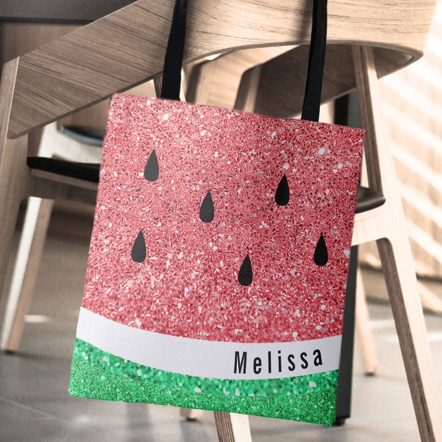 Bolsa Tote nome personalizado gráfico faux glitter watermelon (Criador carregado)