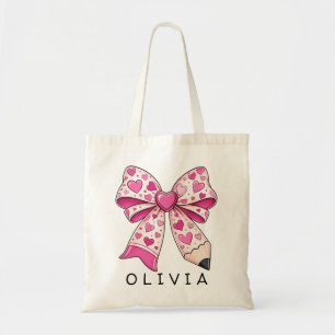 Bolsa Tote Nome Personalizado Lápis com Laço de Coração Rosa