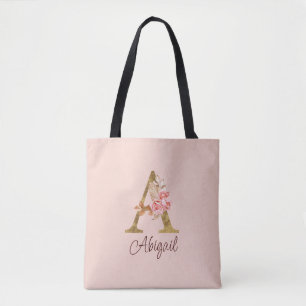 Bolsa Tote Nome Personalizado Letra A Folha Dourada Rosas Ros