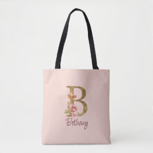 Bolsa Tote Nome Personalizado Letra B Folha Dourada Rosas Ros