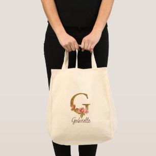 Bolsa Tote Nome Personalizado Letra G Folha Dourada Rosas Ros