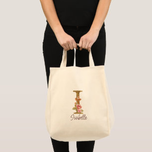 Bolsa Tote Nome Personalizado Letra I Folha Dourada Rosas Ros
