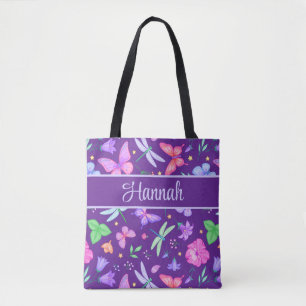 Bolsa Tote Nome personalizado libélula e borboleta roxo rosa
