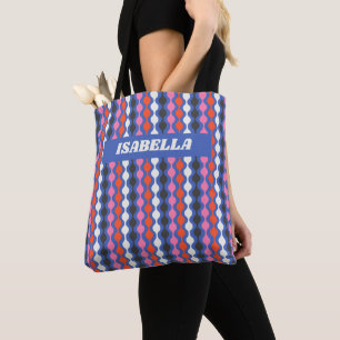 Bolsa Tote Nome Personalizado Listras Abstratas Retrô Azul Ro