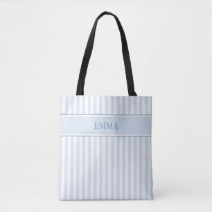 Bolsa Tote Nome Personalizado Listras Azul Empoeirado Moderno