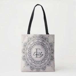 Bolsa Tote Nome Personalizado Mandala Cinza Monocromática Mon