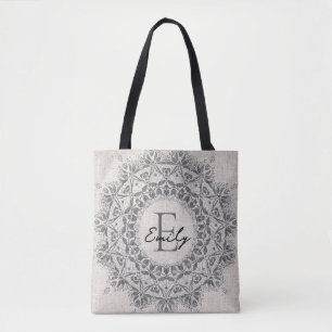 Bolsa Tote Nome Personalizado Mandala Cinza Monocromática Mon