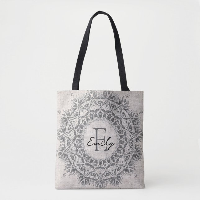Bolsa Tote Nome Personalizado Mandala Cinza Monocromática Mon (Frente)