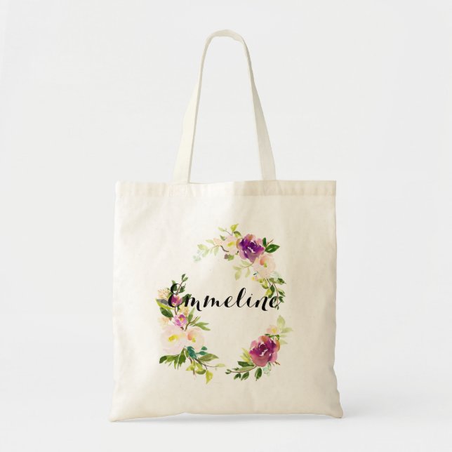 Bolsa Tote Nome Personalizado Marca Floral de Aquarela (Frente)