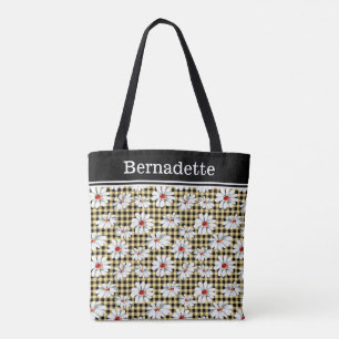 Bolsa Tote Nome Personalizado Margarida Branca Amarela Gingha