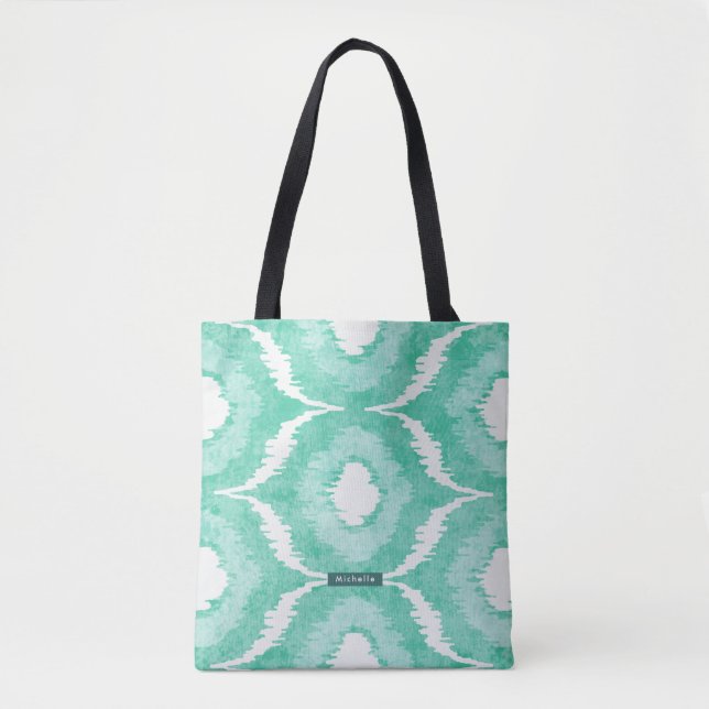 Bolsa Tote Nome Personalizado Mint Ikat Pattern Bridesmaid (Frente)