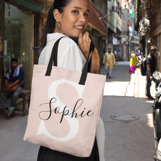 Bolsa Tote Nome Personalizado Moderno Monograma Pastel Rosa (Criador carregado)