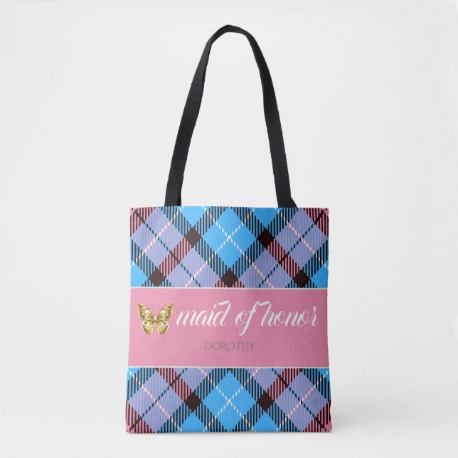 Bolsa Tote Nome Personalizado Moderno Tartan Bridesmaid (Frente)