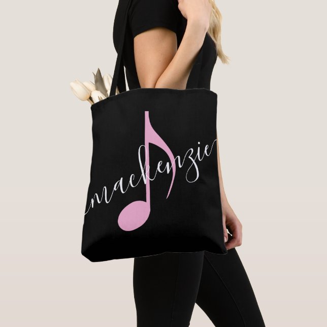 Bolsa Tote Nome Personalizado Nota de Música Preta e Rosa (Close Up)