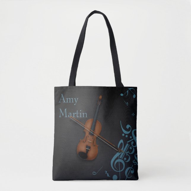 Bolsa Tote Nome Personalizado ou Violino de Mensagem em Preto (Frente)