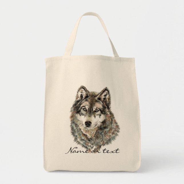 Bolsa Tote Nome personalizado ou Wolf de texto aquarela anima (Frente)