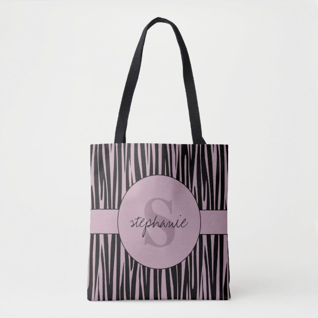 Bolsa Tote Nome Personalizado Padrão de stripes Zebra Monogra (Frente)