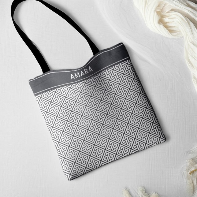 Bolsa Tote Nome Personalizado Padrão Elegante Chave Grega (Criador carregado)