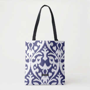 Bolsa Tote Nome Personalizado Padrão Ikat Azul Bridesmaid
