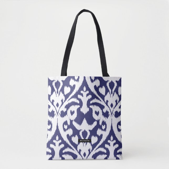 Bolsa Tote Nome Personalizado Padrão Ikat Azul Bridesmaid (Frente)