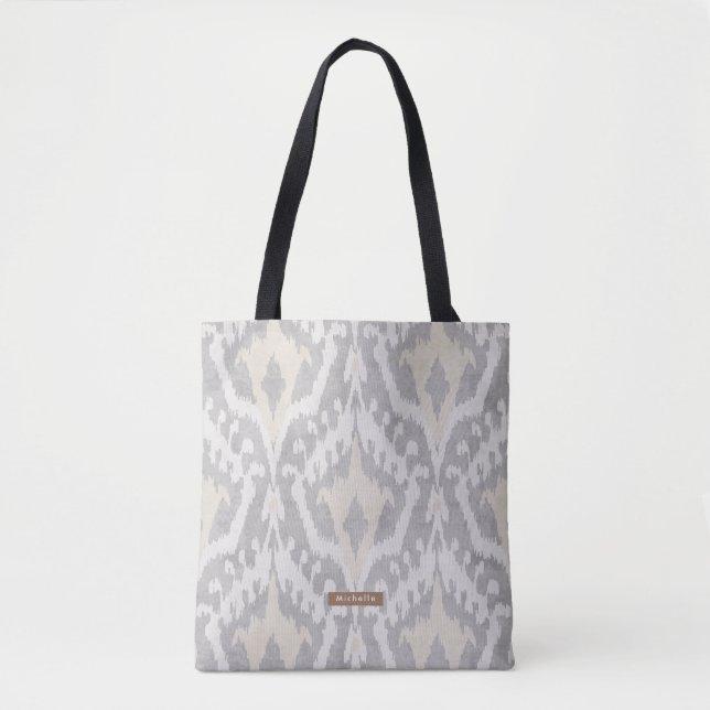 Bolsa Tote Nome Personalizado Padrão Ikat Neutro Bridesmaid (Frente)