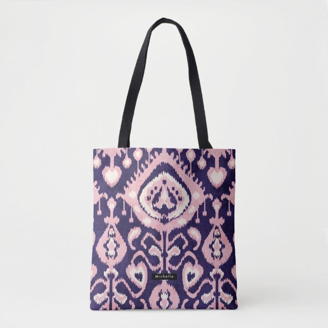 Bolsa Tote Nome Personalizado - Padrão Ikat Rosa Bridesmaid (Frente)