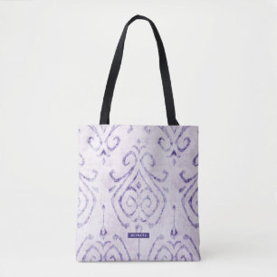 Bolsa Tote Nome Personalizado Padrão Ikat Roxo Bridesmaid