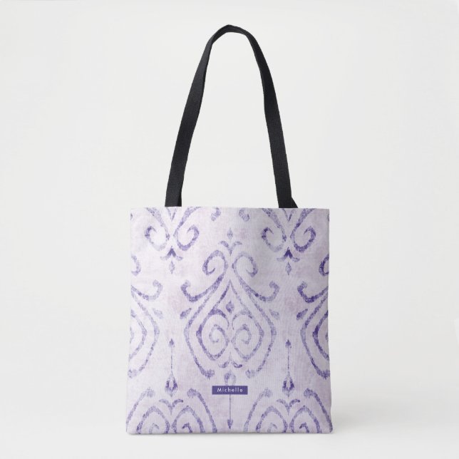 Bolsa Tote Nome Personalizado Padrão Ikat Roxo Bridesmaid (Frente)