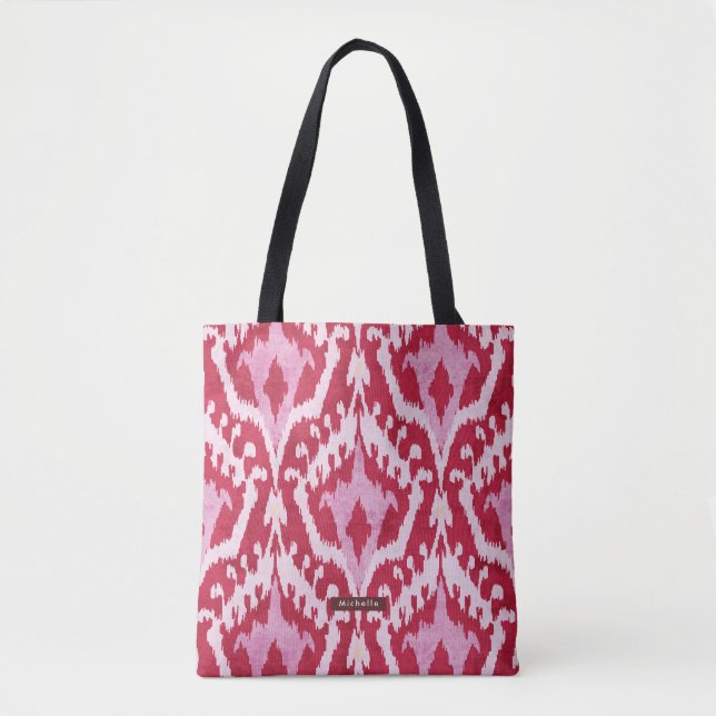 Bolsa Tote Nome Personalizado Padrão Ikat Vermelho Bridesmaid (Frente)