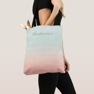 Bolsa Tote Nome Personalizado Pastel Mint Peach Watercolor