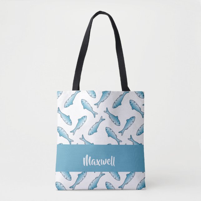 Bolsa Tote Nome personalizado peixe azul em branco (Frente)