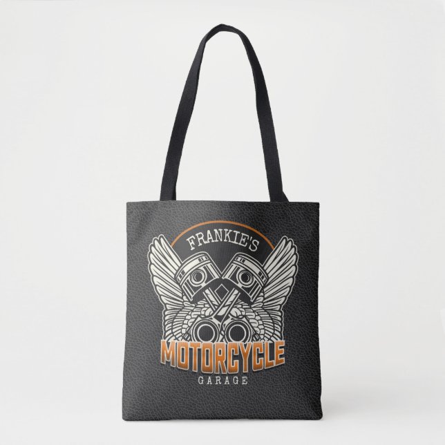 Bolsa Tote Nome Personalizado Pistões Asas Motociclismo Garag (Frente)