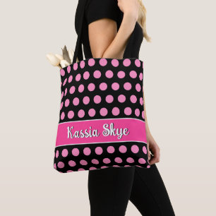 Bolsa Tote Nome Personalizado Preto Bolinhas Rosa