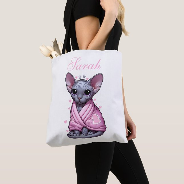 Bolsa Tote Nome Personalizado Sphynx Cat Tot Bag Rosa Blanket (Close Up)