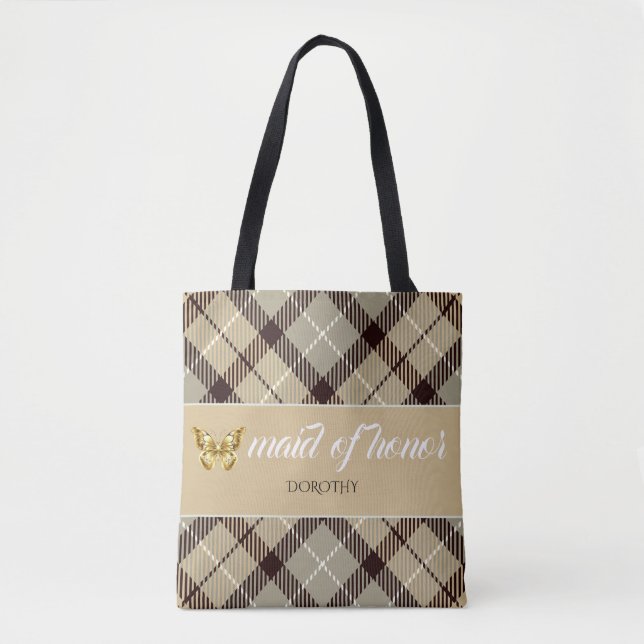 Bolsa Tote Nome Personalizado Tartan Madrinha de casamento Br (Frente)