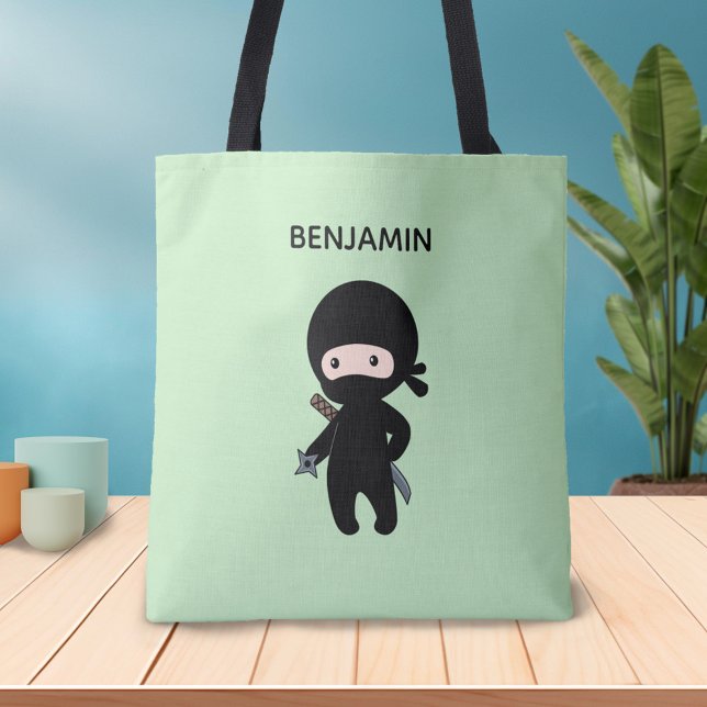 Bolsa Tote Nome personalizado Tiny Ninja em Verde (Criador carregado)