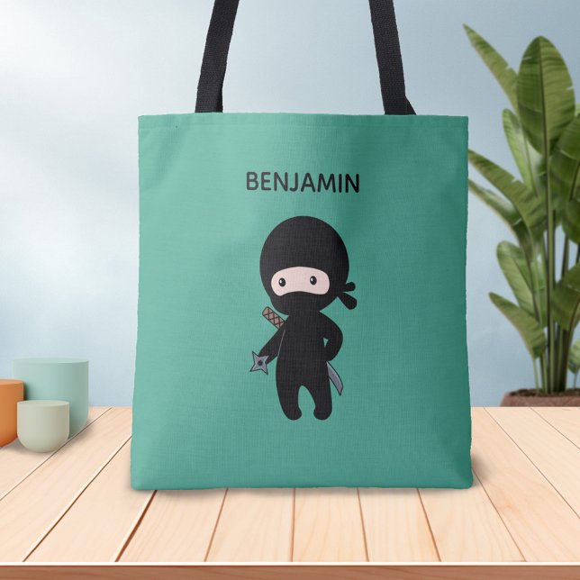 Bolsa Tote Nome personalizado Tiny Ninja em Verde Escuro (Criador carregado)
