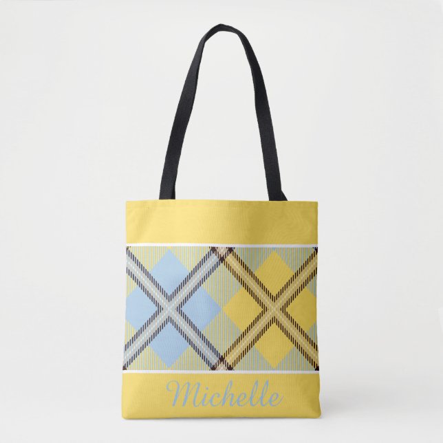 Bolsa Tote Nome Personalizado Xadrez Amarelo Azul Chic (Frente)