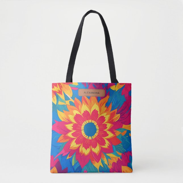 Bolsa Tote Nome Personalizável Cores Vibrantes Floral Elegant (Frente)