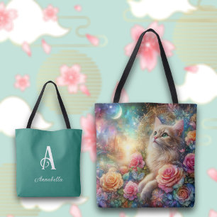Bolsa Tote Nome Personalizável Vintage Watercolor Cat & Flowe