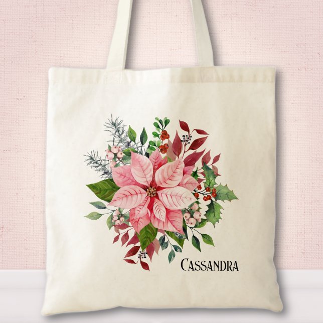 Bolsa Tote Nome, Poinsettia Berries Rosa e Folhagem Verde (Criador carregado)