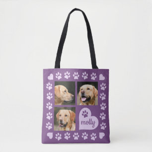 Bolsa Tote Nome Purple Heart do cão da colagem de 3 fotos