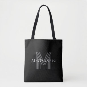 Bolsa Tote Nome Retro Moderno Monograma Editável Preto e Cinz