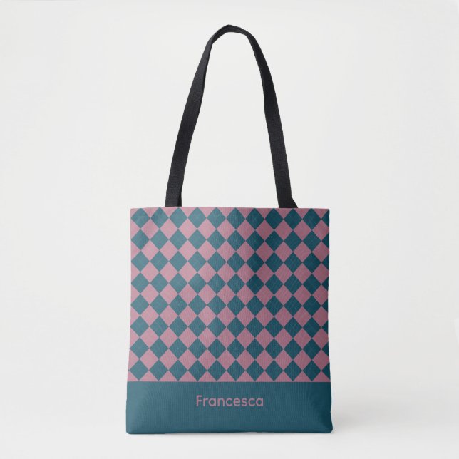 Bolsa tote nome rosa azul oceano padrão argyle (Frente)
