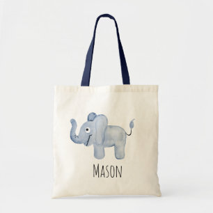 Bolsa Tote Nome Safari do bebê elefante azul do menino