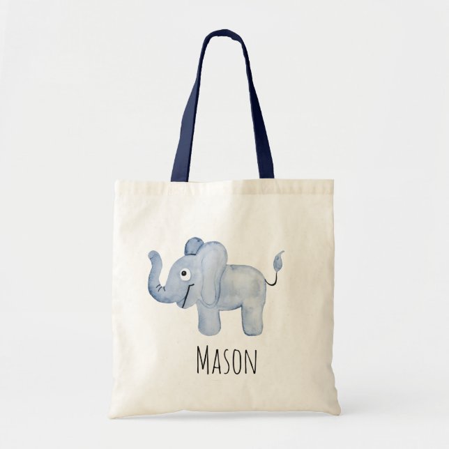 Bolsa Tote Nome Safari do bebê elefante azul do menino (Frente)