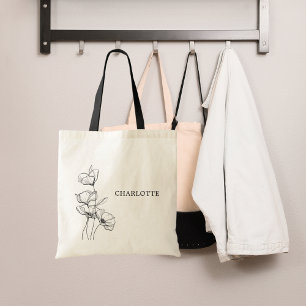 Bolsa Tote Nome simples de arte linear de flores silvestres